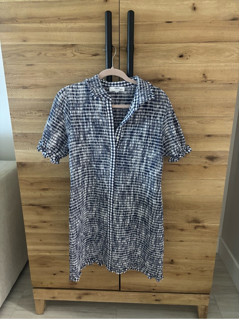Jason Wu Collective Gingham Smocked Shirt Dress Navy White Size 10 Ruffle
